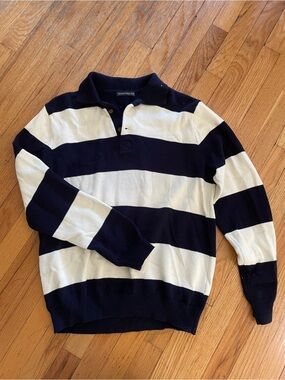 Brandy Melville Navy & White Striped V-Neck Rugby Sweater